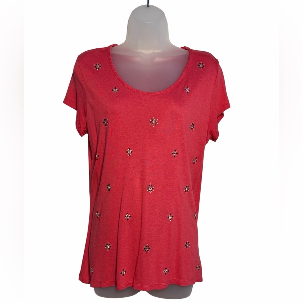 Liz Claiborne Coral Embellished Short Sleeve Tee